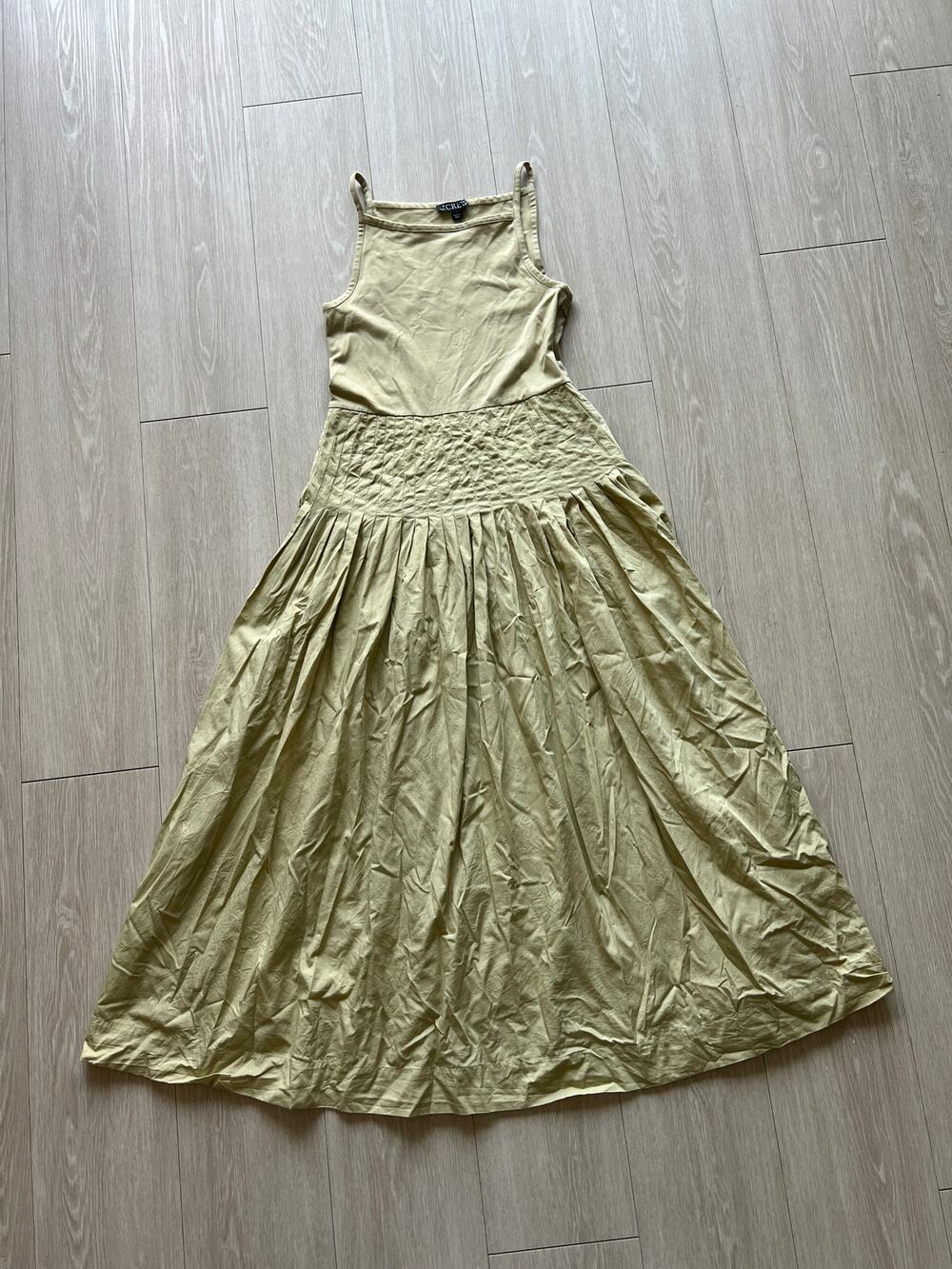 J Crew Flawed Pintuck Mixy Dress Small Belmont Khaki Midi Sleeveless